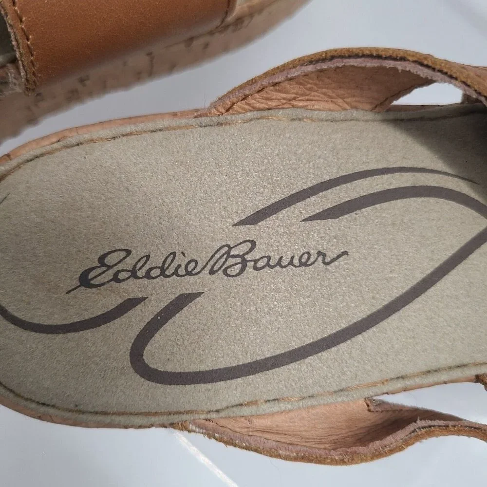 Eddie Bauer Leather Tan Strappy‎ Sandals Cork Wedge Women's US Size 9.5